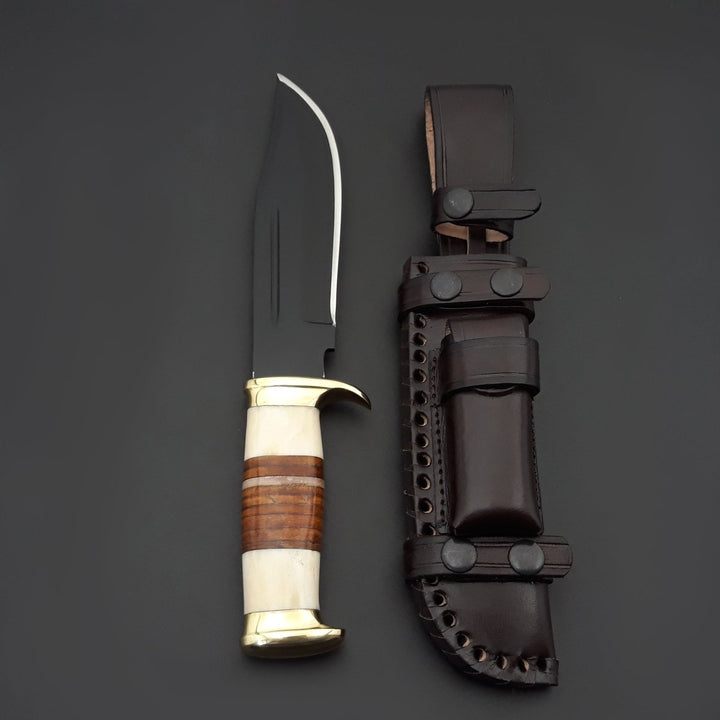 Vindicator Custom Knife – Vindicator Custom Bowie Knife with Bone &amp; Stacked Leather Handle – shokuninusa