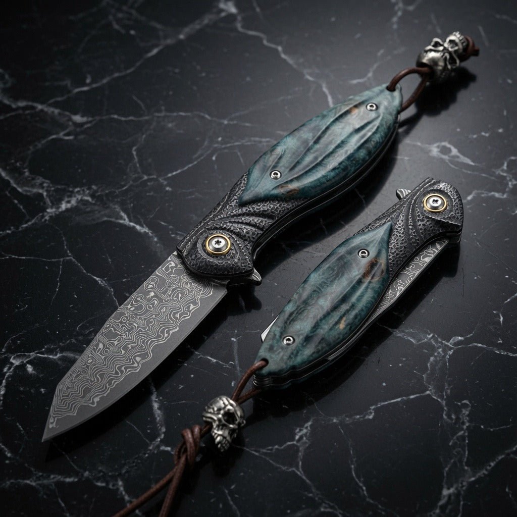 Viper Japanese Damascus Pocket Knife with Stained Maple Burl Handle - Shokunin USA