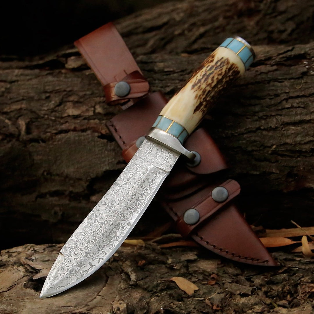 Antler Handle Knife – Viral Bull Nose Hunting Knife with Antler & Turquoise Handle – shokuninusa