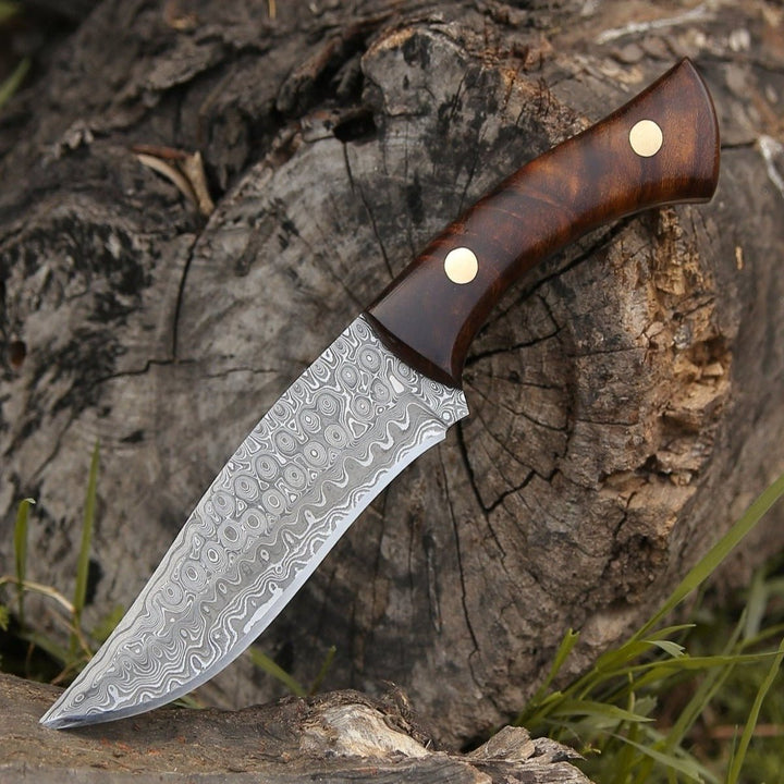 Virtue Hunting Knife – Virtue Damascus Hunting Knife Fixed Blade with Exotic Rose Wood Handle – shokuninusa
