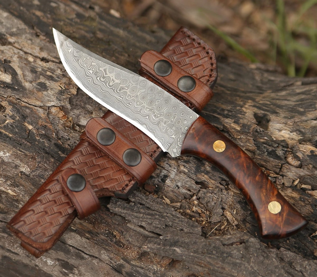 Virtue Knives – Virtue Damascus Hunting Knife Fixed Blade with Exotic Rose Wood Handle – shokuninusa