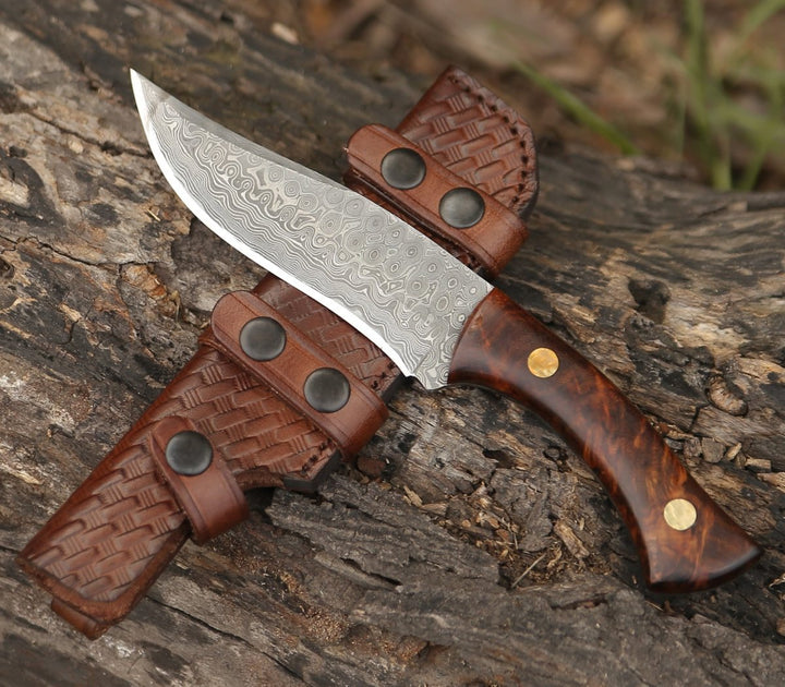 Virtue Knives – Virtue Damascus Hunting Knife Fixed Blade with Exotic Rose Wood Handle – shokuninusa