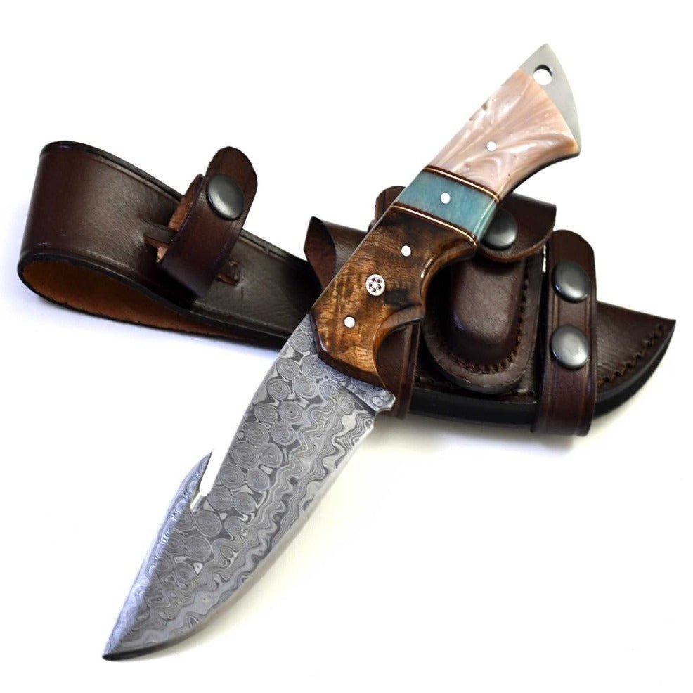 Voyager Hunting Knife – Voyager Damascus Gut Hook Knife with Exotic Rose Wood and Mother of Pearl Handle – shokuninusa