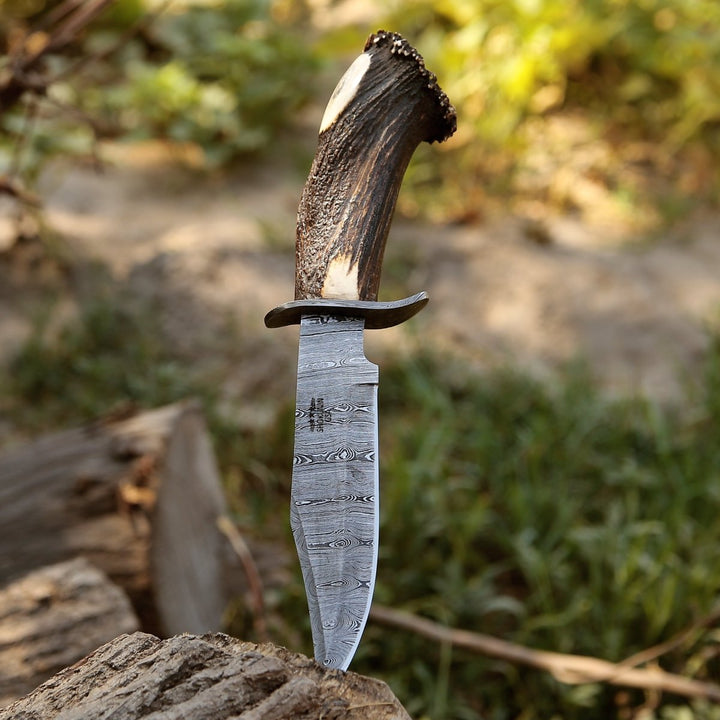 Wildfire Hunting Knife - Wildfire Damascus Bowie Knife with Stag Horn Handle - Shokunin USA