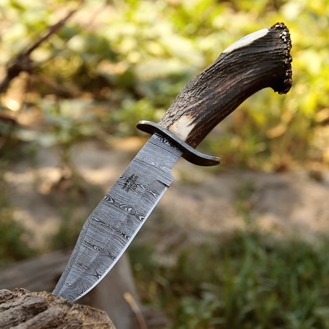 Wildfire Bowie Knife - Wildfire Damascus Bowie Knife with Stag Horn Handle - Shokunin USA
