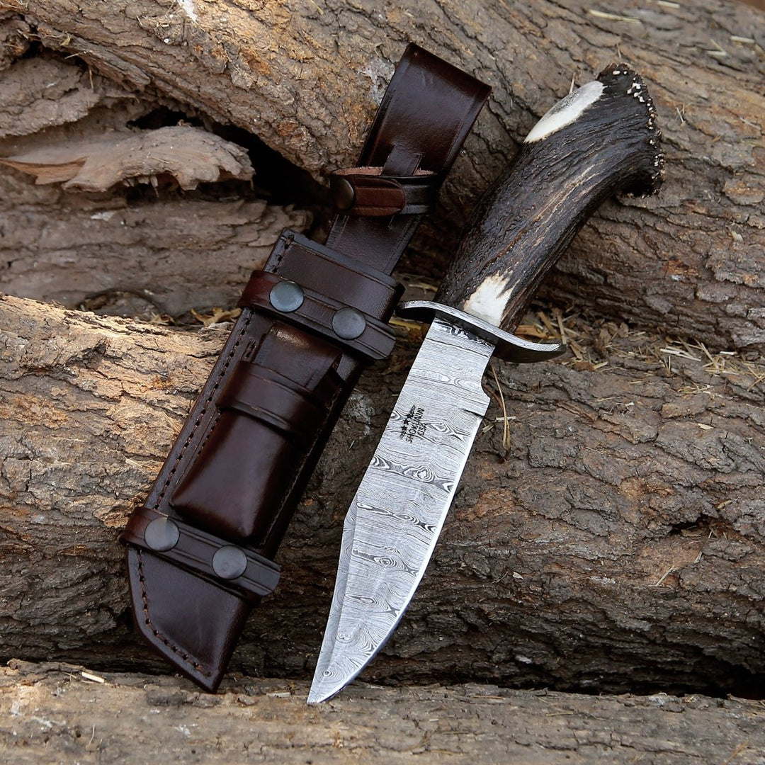 Wildfire Damascus Bowie Knife with Stag Horn Handle - Shokunin USA