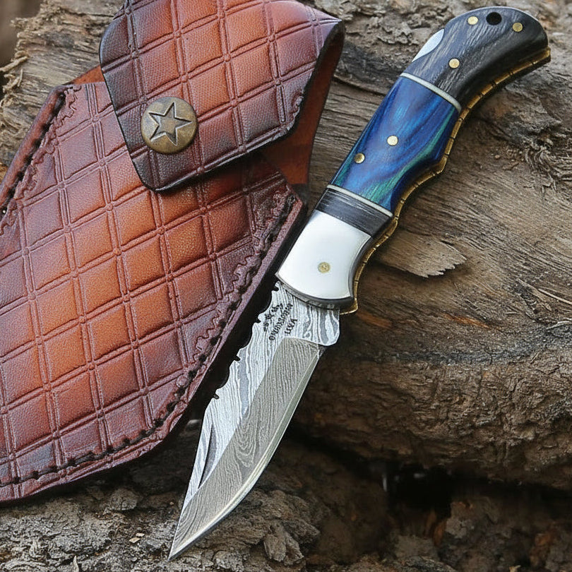 Gentleman's folder with case - Bluesteel Damascus Folding Hunting Knife with Pakkawood Handle - Shokunin USA