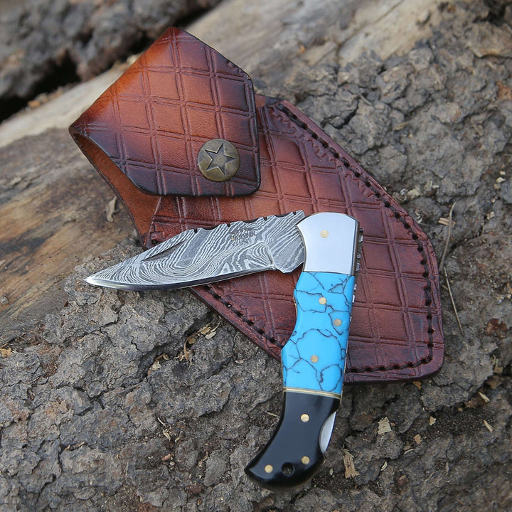 Phoenix Pocket Knife - Phoenix Pocket Knife with Turrquoise &amp; Bull Horn Handle - Shokunin USA