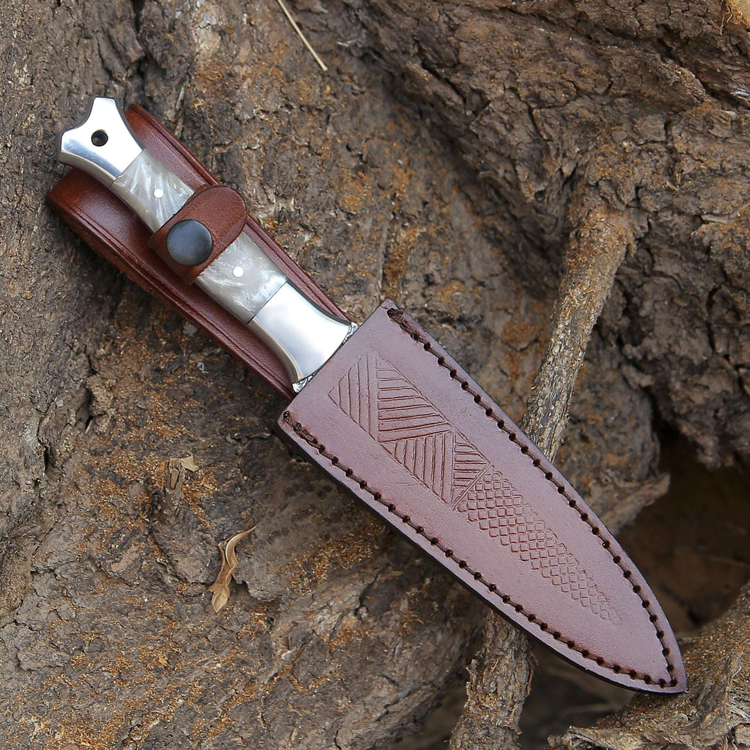 Prowler Damascus Fixed Blade Knife with Mother of Pearl Resin Handle