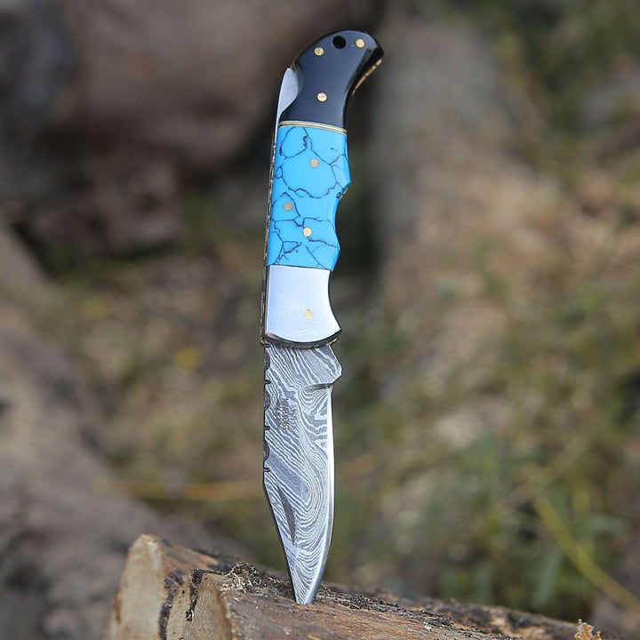 Forged Pocket Knives - Phoenix Pocket Knife with Turrquoise &amp; Bull Horn Handle - Shokunin USA