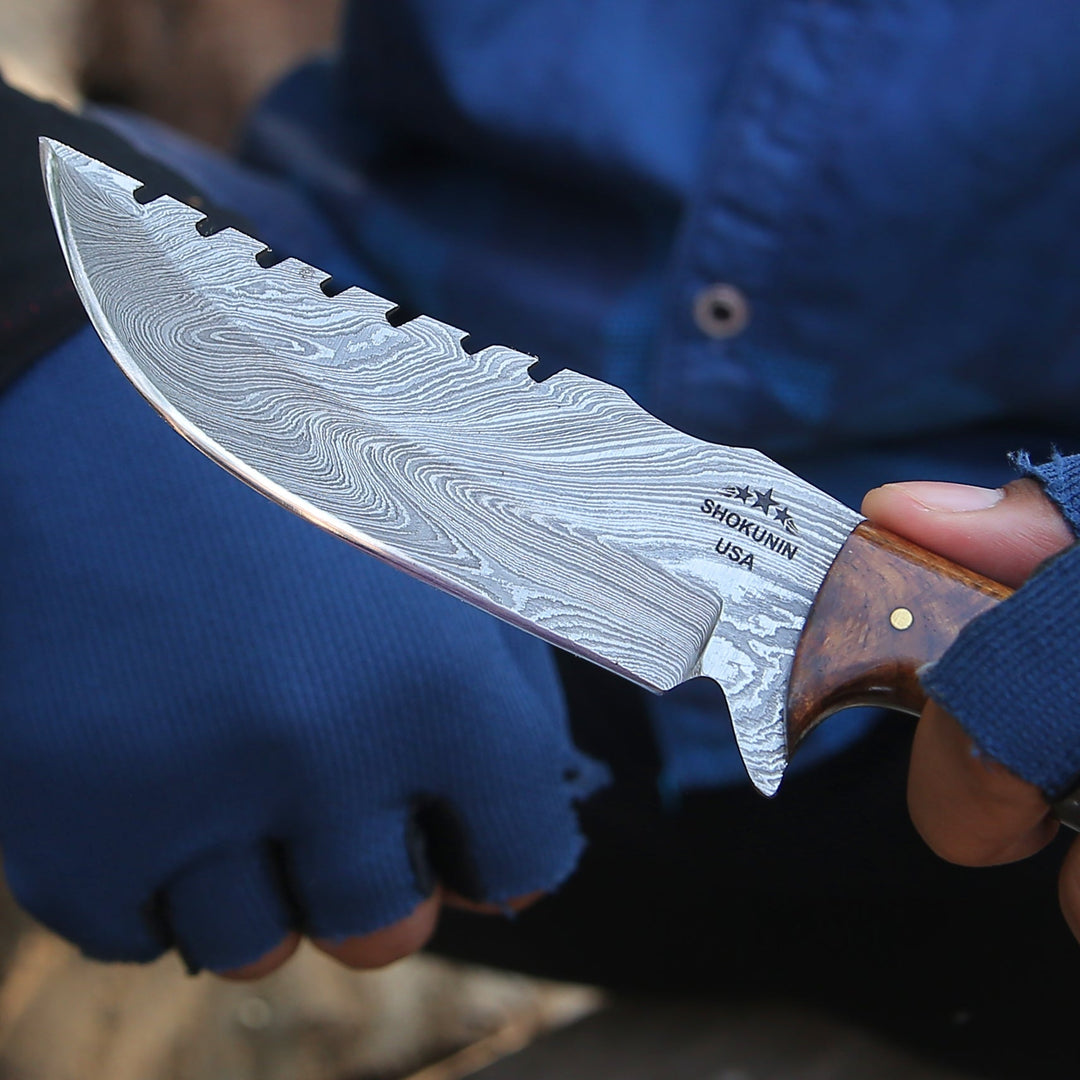 Damascus Knife - Ravager Handmade Damascus Knife with Mother of Pearl Resin &amp; Rosewood Handle - Shokunin USA