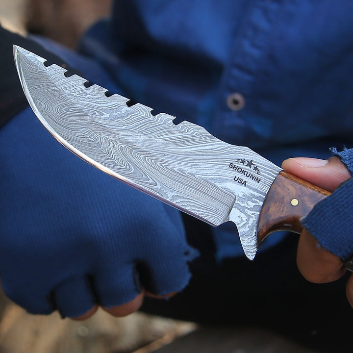 Damascus Knife - Ravager Handmade Damascus Knife with Mother of Pearl Resin &amp; Rosewood Handle - Shokunin USA