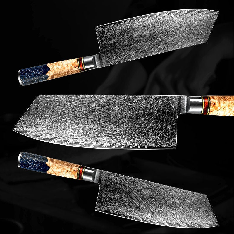 Unique Vegetable Knives – Yamato VG10 Damascus Cleaver Knife with Exotic Olive Wood &amp; Honeycomb Composite Handle – shokuninusa