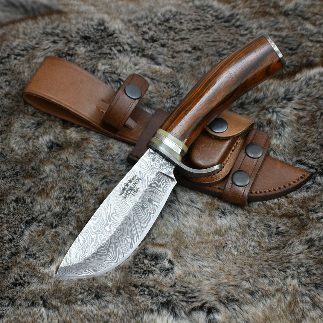 Zen Bowie Knives - Zen Damascus Hunting Knife with Exotic Rose Wood Handle - Shokunin USA