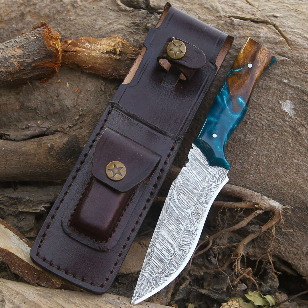 Zephyr Hunting Knife - Zephyr Damascus Hunting Knife with Exotic Rose Wood & Resin Handle - Shokunin USA