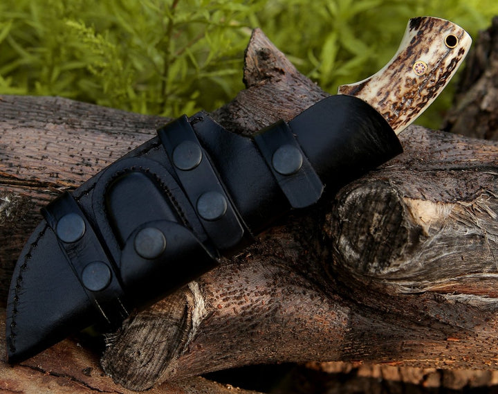 Tracker Knife Damascus - Zeus Tracker Knife with Antler &amp; Rose wood Handle - Shokunin USA