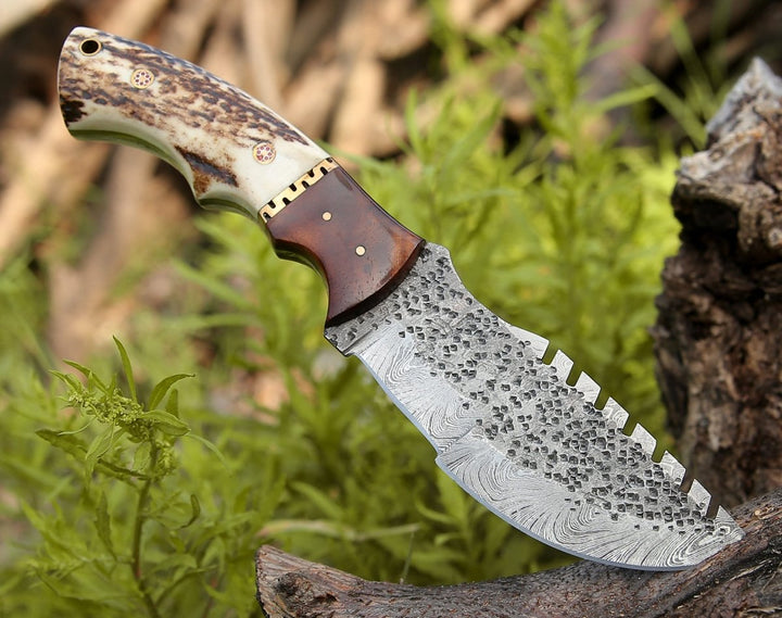 Damascus Tracker Knives - Zeus Tracker Knife with Antler &amp; Rose wood Handle - Shokunin USA