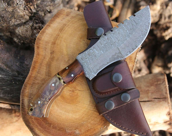 Utility Knife - Blast Damascus Tracker Knife with Ram Horn Handle - Shokunin USA