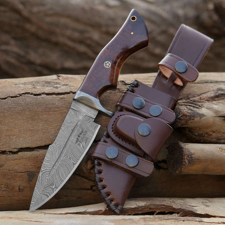 Damascus Knife - Bolt Damascus Custom Hunting Knife with Exotic Rose Wood Handle - Shokunin USA