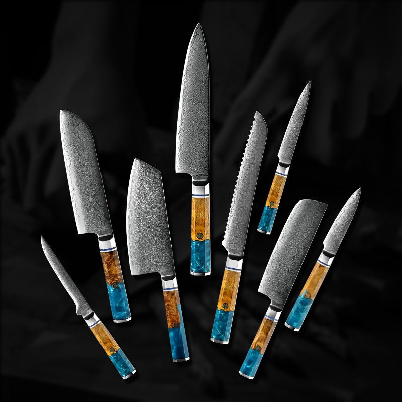 Chef Knife Set - Allure Professional VG10 8-Pcs Damascus Knife Set with Exotic Olive Burl Wood & Resin Handle - Shokunin USA