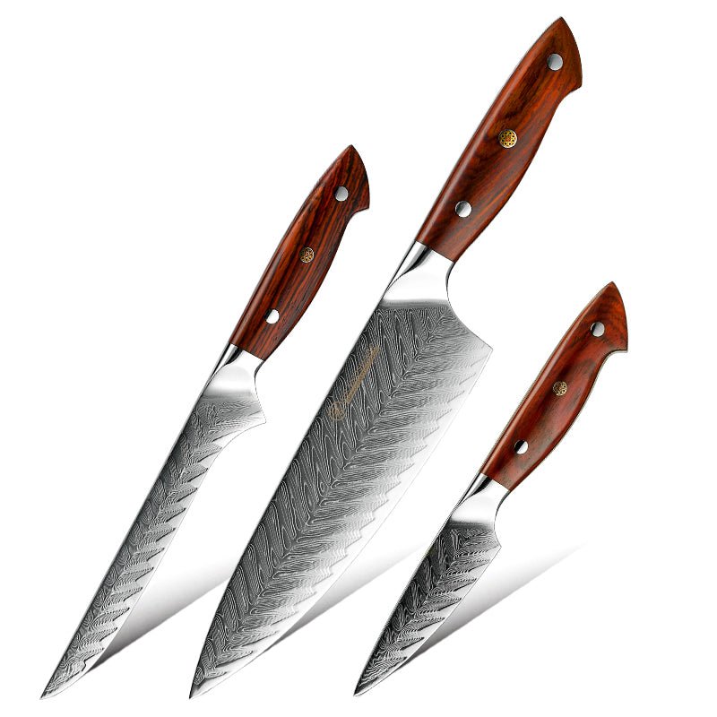 Chef Knife Set - Glamour 3 Piece Professional Knife Set VG10 Damascus with Exotic Sandal Wood Handle - Shokunin USA