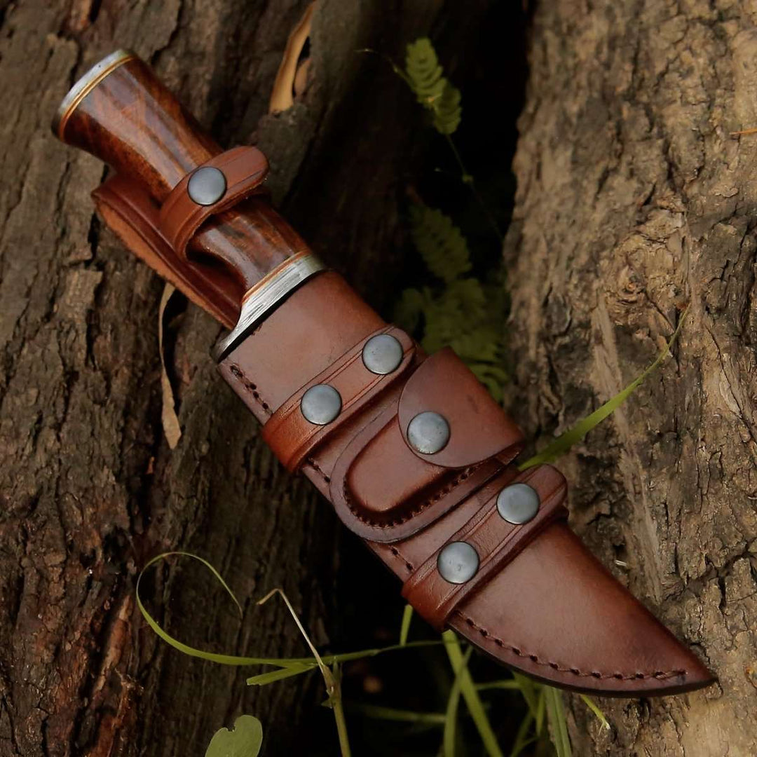 Damascus Knife - Crucifier Original Bowie Hunting Knife with Exotic Rosewood Handle - Shokunin USA