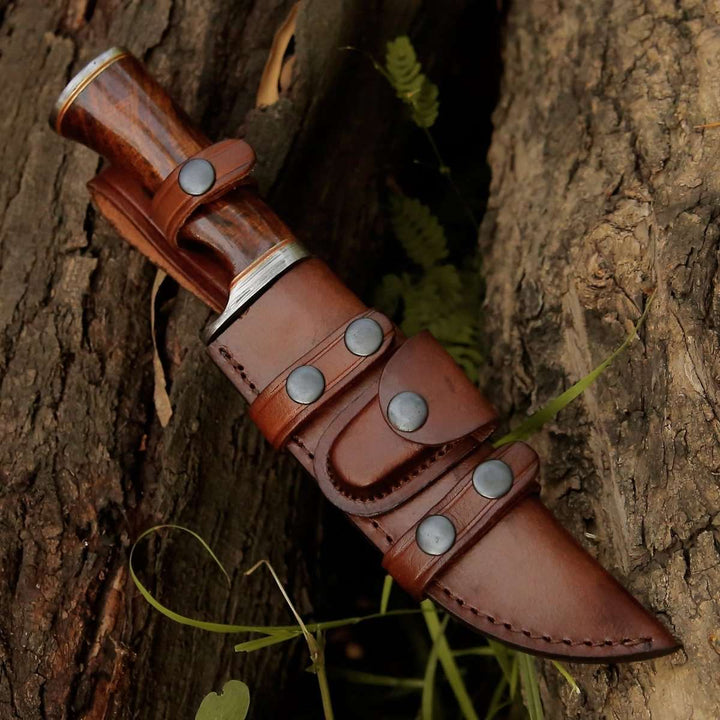 Damascus Knife - Crucifier Original Bowie Hunting Knife with Exotic Rosewood Handle - Shokunin USA