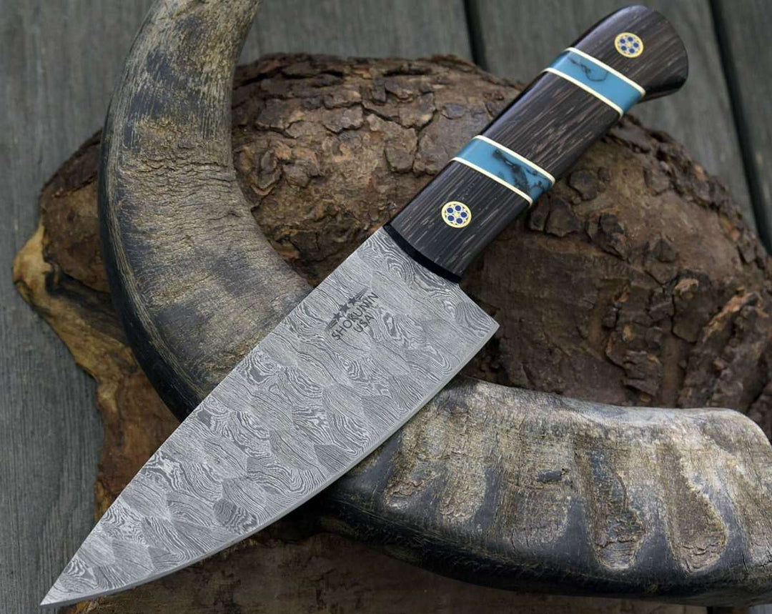 Chef Knife - Crystal Damascus Chef's Knife with Exotic Wenge Wood & Turquoise Handle - Shokunin USA