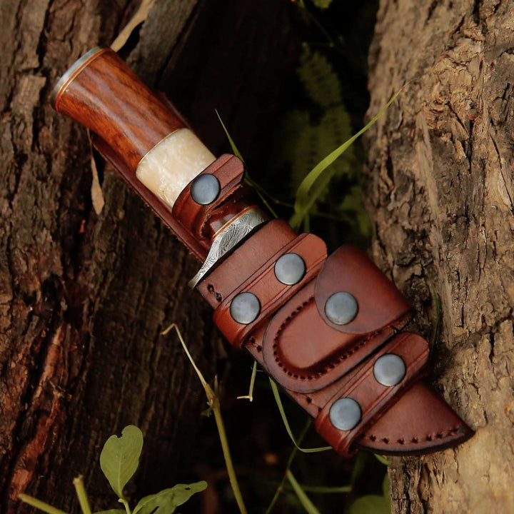 Damascus Knife - Elite Damascus Hunting Knife with Mother of Pearl & Rose Wood Handle - Shokunin USA