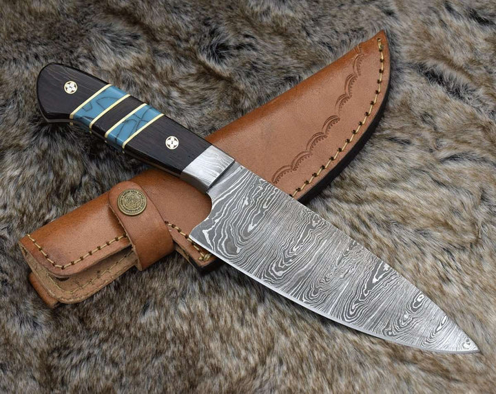 Chef knife - Epicurian Damascus Chef Knife with Exotic Wenge Wood & Turquoise Handle - Shokunin USA