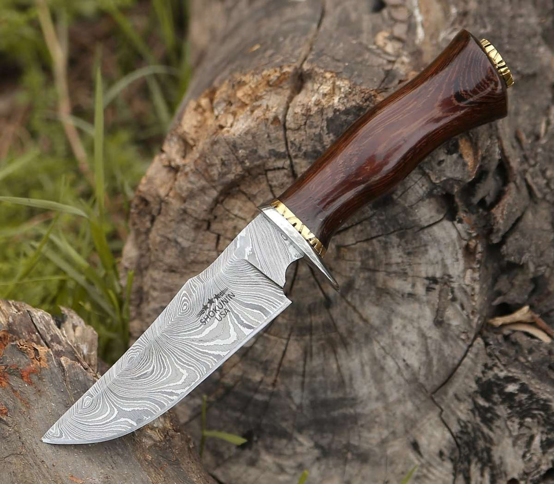 Damascus Knife - Exterminator Deer Hunting Knife with Exotic Wenge Wood Handle - Shokunin USA