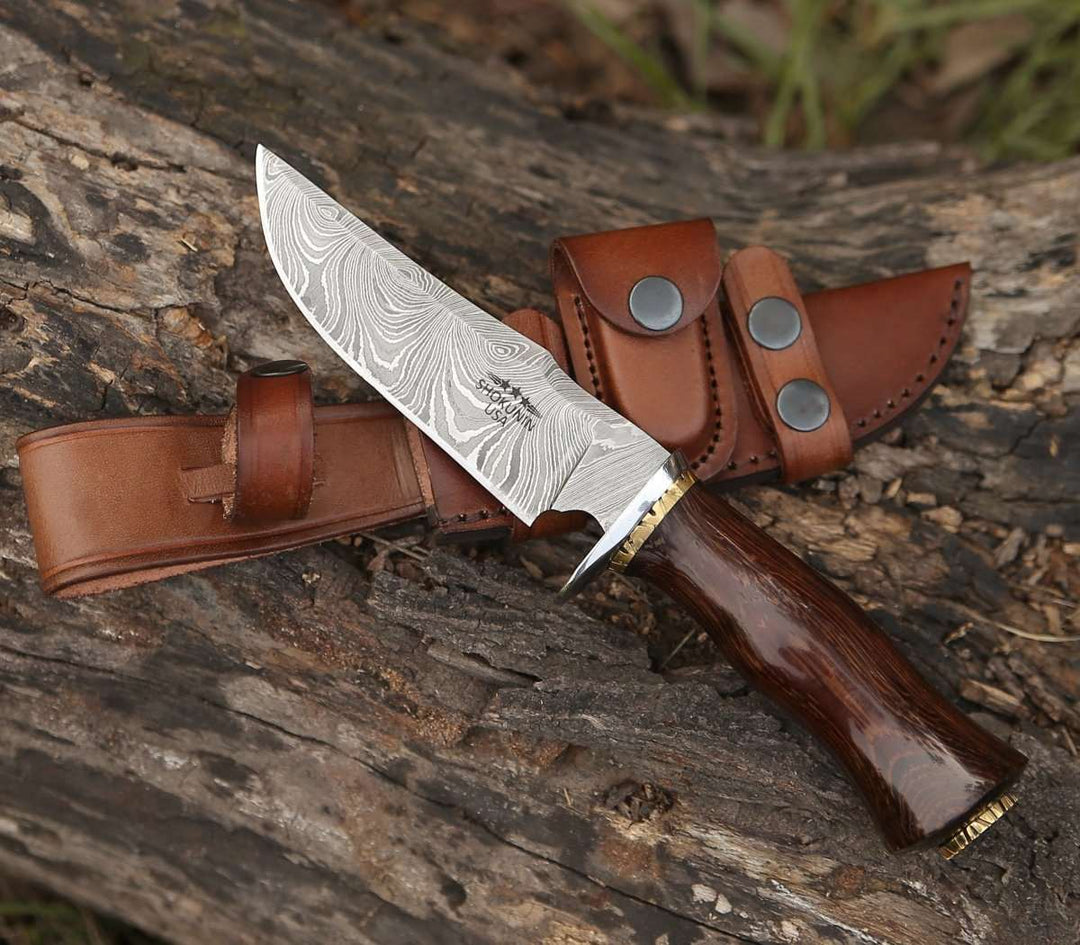 Damascus Knife - Exterminator Deer Hunting Knife with Exotic Wenge Wood Handle - Shokunin USA