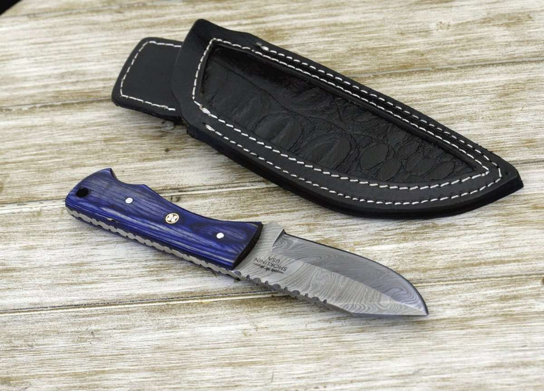 Damascus Knife - Flint Damascus Steel Skinning Knife with Pakkawood Handle - Shokunin USA