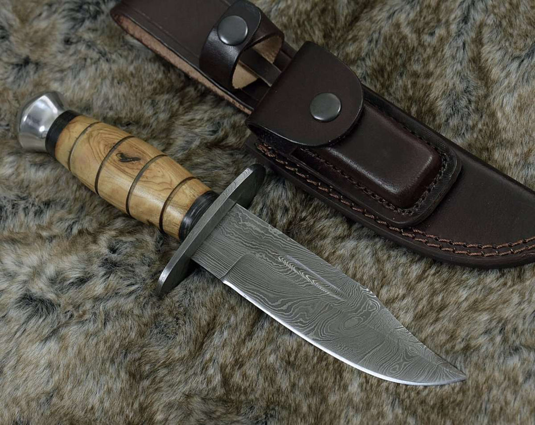 Utility Knife - Frontier Damascus Military Knife with Exotic Olive Wood Handle - Shokunin USA