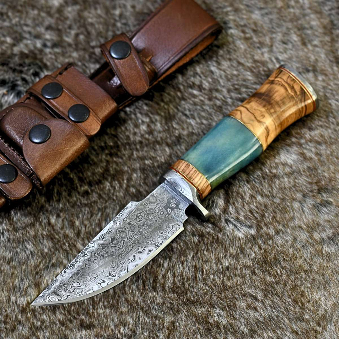 Fixed blade knife. - Frost Damascus Hunting Knife with Olive Wood & Bone Handle - Shokunin USA