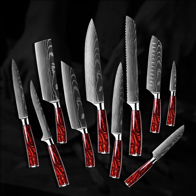 Chef Knife Set - Fujin 10 Pcs Handmade Chef's Knife Damascus Pattern HC Steel Chef's Set with Sheath - Shokunin USA