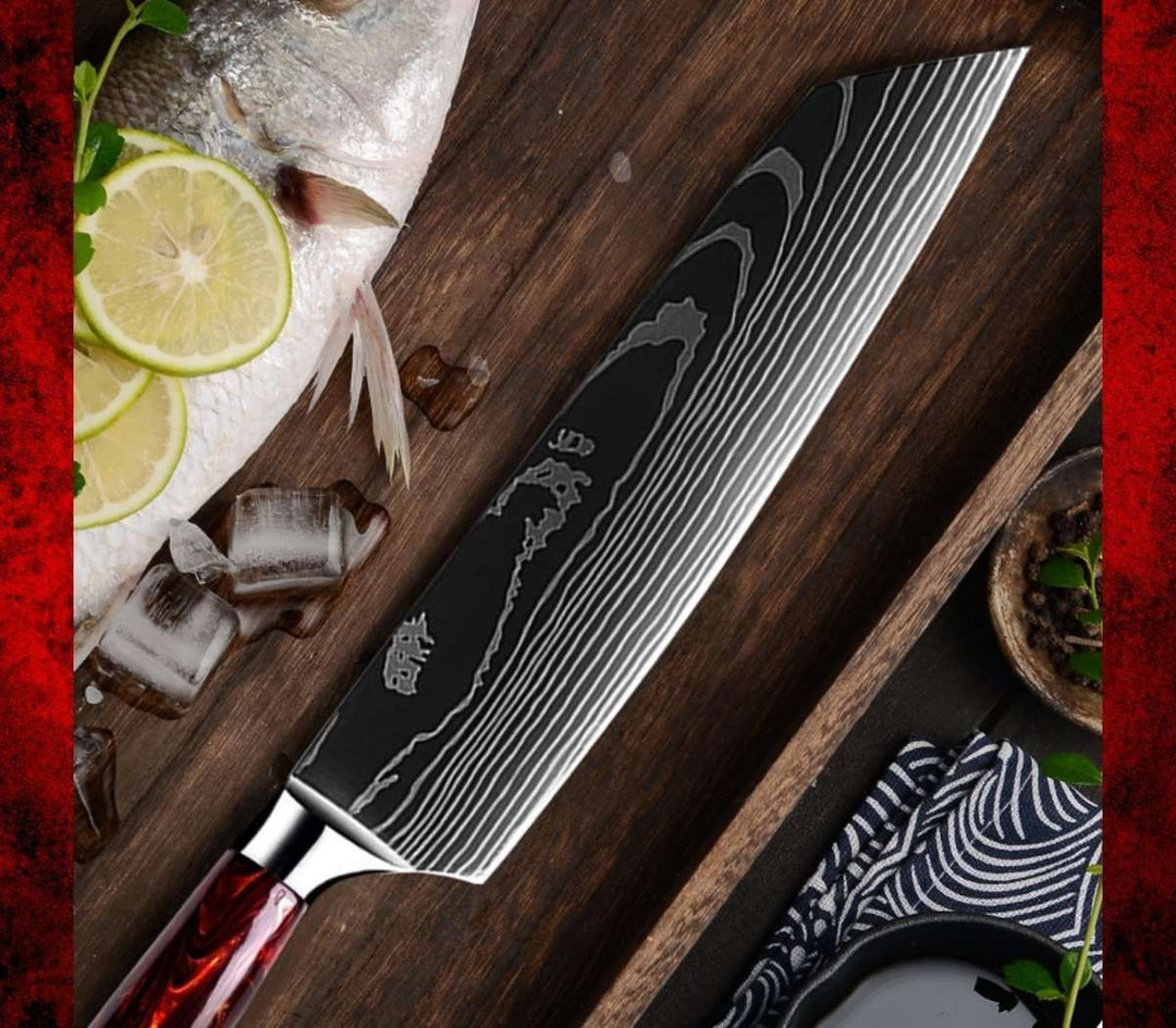 Chef Knife Set - Fujin 10 Pcs Handmade Chef's Knife Damascus Pattern HC Steel Chef's Set with Sheath - Shokunin USA