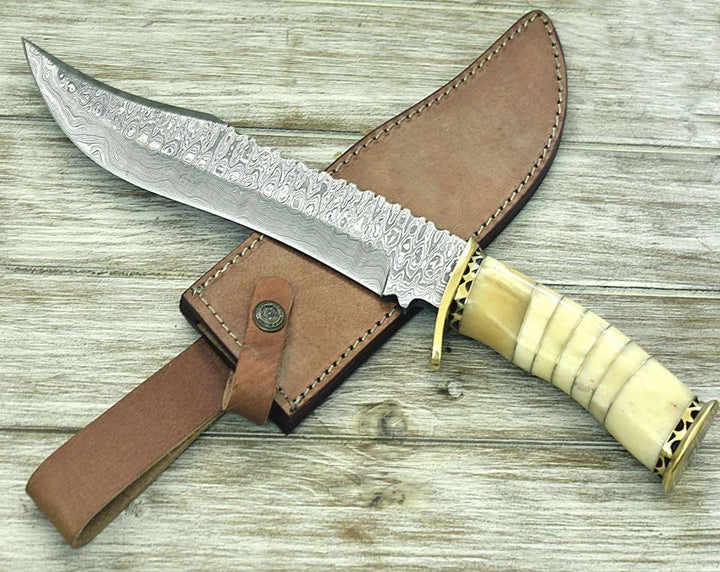 Damascus Knife - Glimmer - Damascus Bowie Knife with Bone Mosaic Handle - Shokunin USA