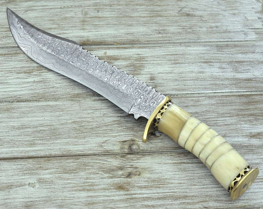 Damascus Knife - Glimmer - Damascus Bowie Knife with Bone Mosaic Handle - Shokunin USA