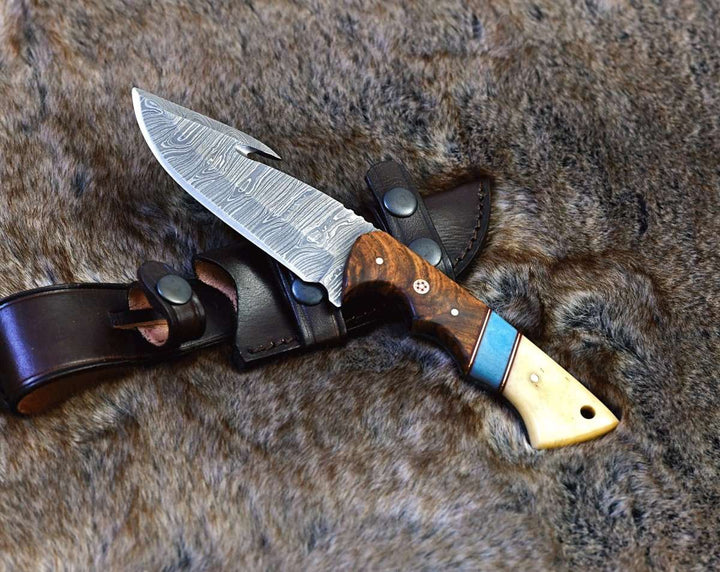 Damascus Knife - Gravity Damascus Gut Hook Hunting Knife with Exotic Rose Wood and Bone Handle - Shokunin USA