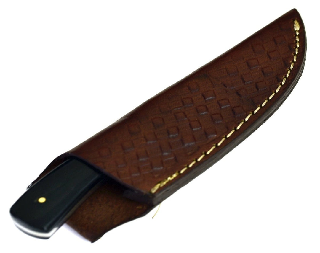Hand Forged Damascus Steel Knife with Horn Handle &amp; Leather Sheath - Shokunin USA