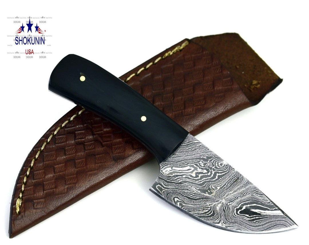 Hand Forged Damascus Steel Knife with Horn Handle &amp; Leather Sheath - Shokunin USA