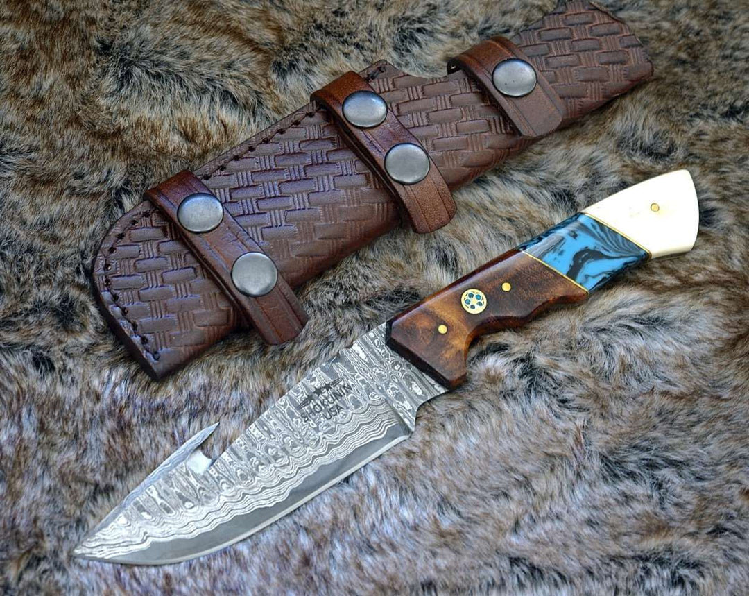 Damascus Knife - Harmony Gut Hook Hunting Knife with Rosewood Bone & Turquoise Handle - Shokunin USA