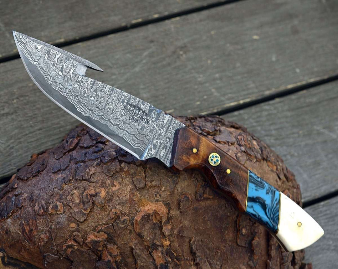 Damascus Knife - Harmony Gut Hook Hunting Knife with Rosewood Bone & Turquoise Handle - Shokunin USA