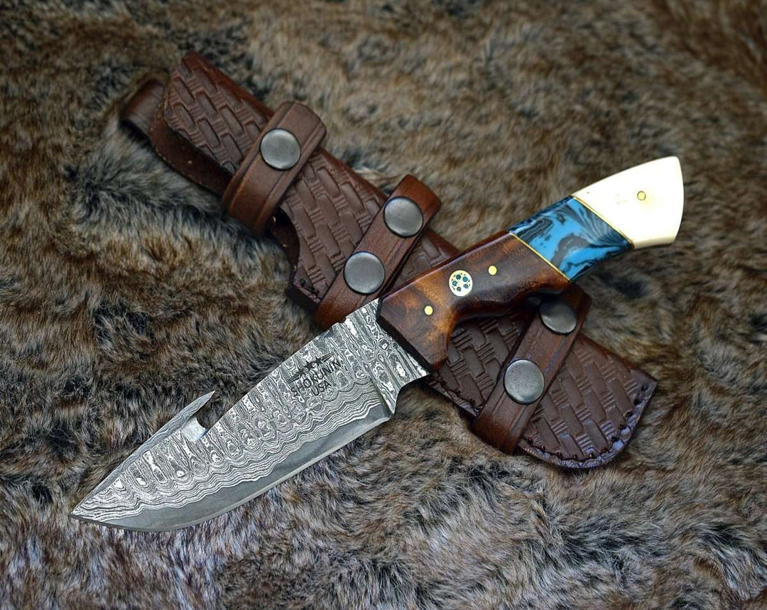 Damascus Knife - Harmony Gut Hook Hunting Knife with Rosewood Bone & Turquoise Handle - Shokunin USA