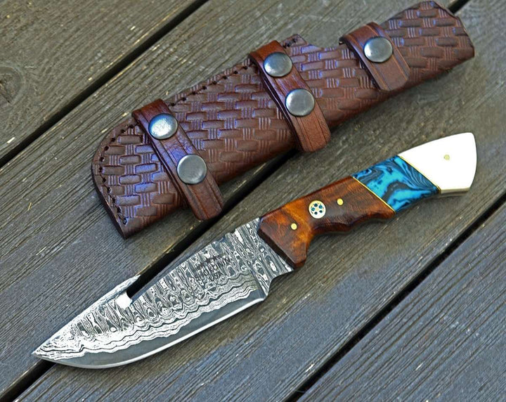 Damascus Knife - Harmony Gut Hook Hunting Knife with Rosewood Bone & Turquoise Handle - Shokunin USA