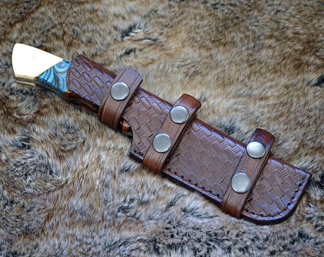 Damascus Knife - Harmony Gut Hook Hunting Knife with Rosewood Bone & Turquoise Handle - Shokunin USA