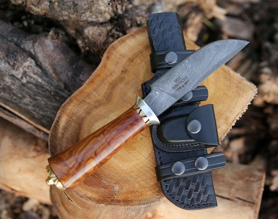 Utility Knife - Holy Defender Damascus Hunting Knife with Exotic Rose Wood Handle - Shokunin USA