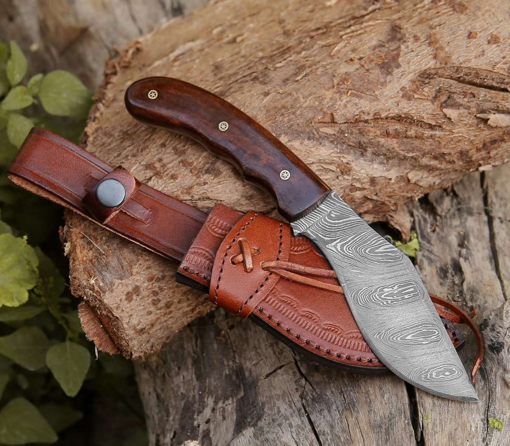 Hunting Knives - Huntsman Damascus Kukri Knife with Exotic Rose Wood Handle - Shokunin USA