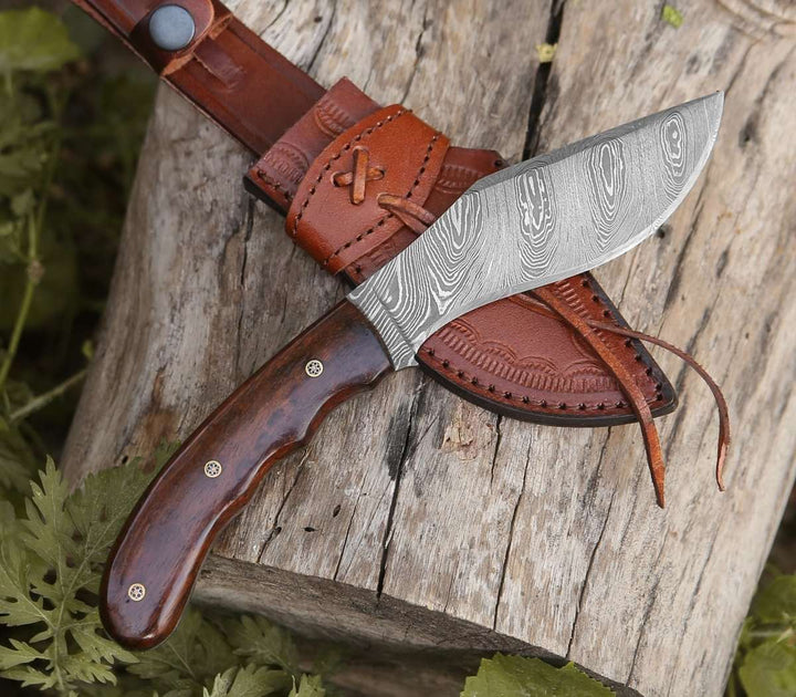 Hunting Knives - Huntsman Damascus Kukri Knife with Exotic Rose Wood Handle - Shokunin USA